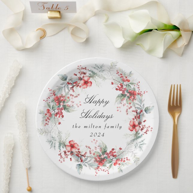 Assiettes En Carton Papier de baies de vacances d'hiver classique (Mariage)