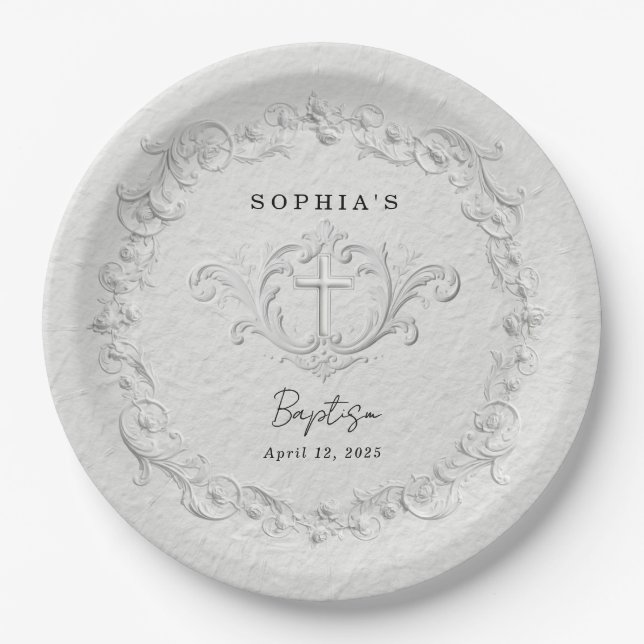 Assiettes En Carton Papier de baptême floral à relief faux (Devant)