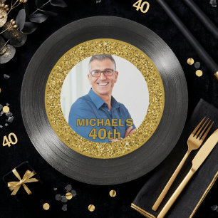 Assiettes En Carton Papier de vinyle noir et or pour 40e anniversaire