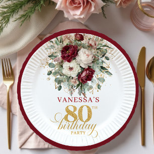 Assiettes En Carton Papier élégant bordeaux floral doré pour 80e anniv