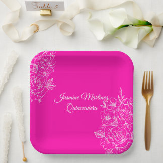 Assiettes En Carton Papier floral élégant fuchsia rose et blanc