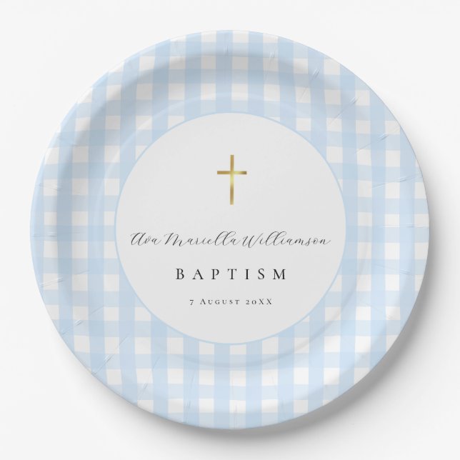 Assiettes En Carton Papier gingham bleu pour baptême de bébé garçon  (Devant)