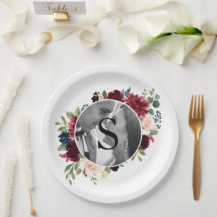 Assiettes En Carton Papier Mariage Floral Burgundy Photo Monogramme