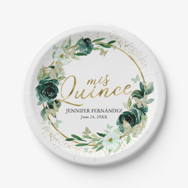 Assiettes En Carton Papier papillon Quinceanera Plaques de papier vert (Devant)