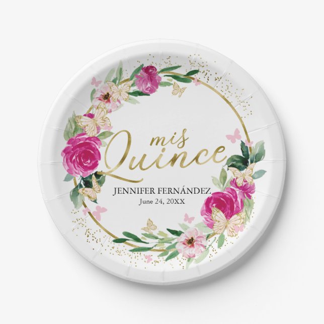 Assiettes En Carton Papier papillon Quinceanera Plaques en papier rose (Devant)