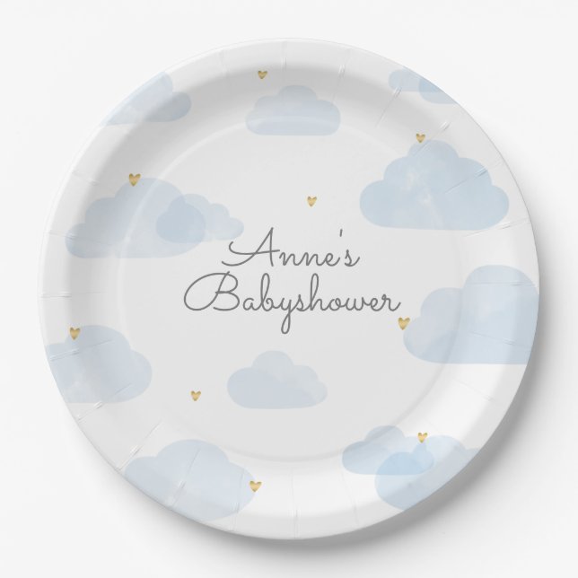 Assiettes En Carton Papier tableau baby shower nuages bleu clair (Devant)
