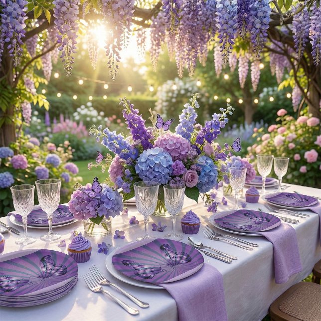 Assiettes En Carton Papillon Abstrait pourpre avec ailes rayonnantes (Créateur téléchargé)