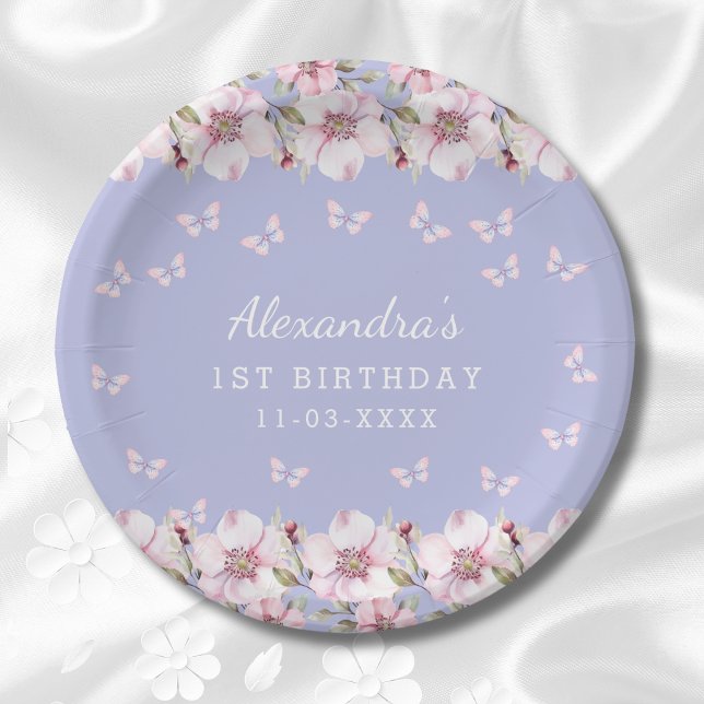 Assiettes En Carton Papillon blanc rose Lilac Floral 1er anniversaire (Créateur téléchargé)