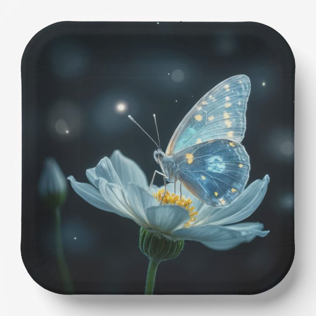 Assiettes En Carton Papillon bleu sur une fleur de lune (Recto)