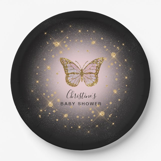 Assiettes En Carton papillon de parties scintillant faux or (Devant)