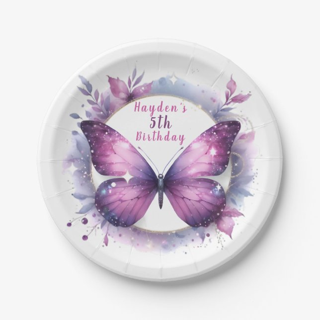 Assiettes En Carton Papillon de Parties scintillant violet - Anniversa (Devant)