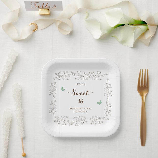 Assiettes En Carton Papillon Élégant Et Fleur sauvage Doux 16 Annivers (Mariage)
