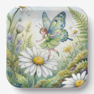 Assiettes En Carton Papillon Fée Dans un Jardin de Pâquerettes