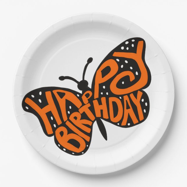 Assiettes En Carton Papillon Monarque Noir et Orange Joyeux Anniversai (Devant)