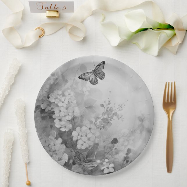 Assiettes En Carton Papillon noir et blanc (Mariage)