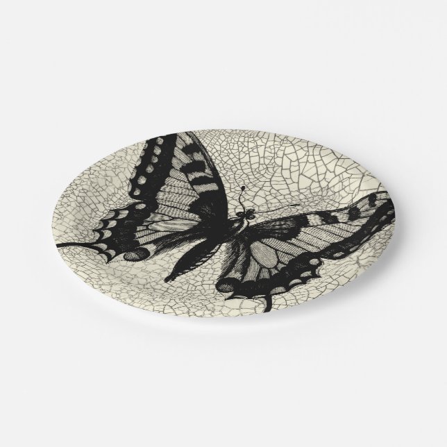 Assiettes En Carton Papillon noir et blanc sur Arrière - plan fissuré (Angle)