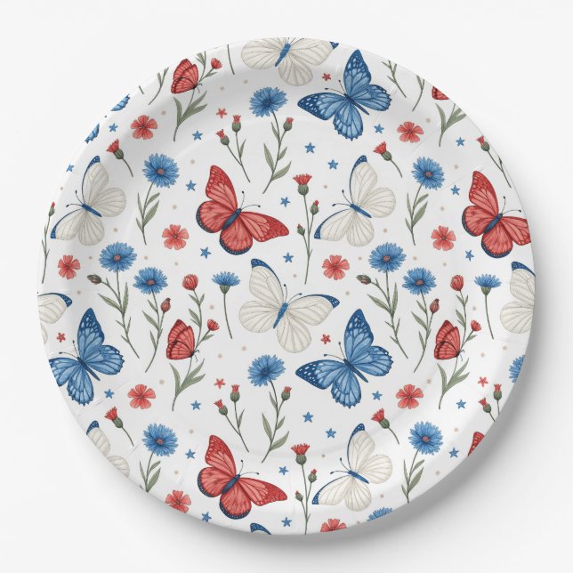 Assiettes En Carton Papillon patriotique et motif floral (Devant)