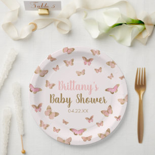 Assiettes En Carton Papillon rose Brown Baby shower à thème
