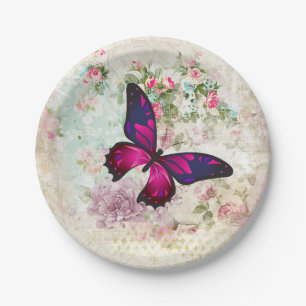 Assiettes En Carton Papillon rose et Roses Vintages de Shabby