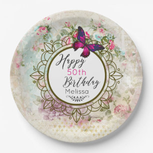 Assiettes En Carton Papillon rose et Shabby Roses Vintages Anniversair