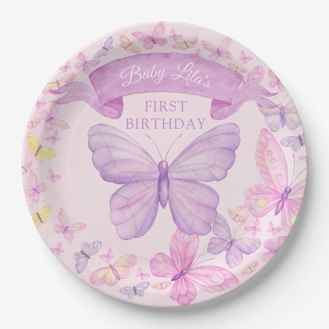 Assiettes En Carton Papillon rose et violet personnalisé Premier anniv (Devant)