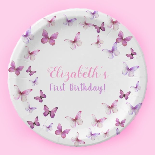 Assiettes En Carton Papillon rose Premier anniversaire bébé fille (Créateur téléchargé)