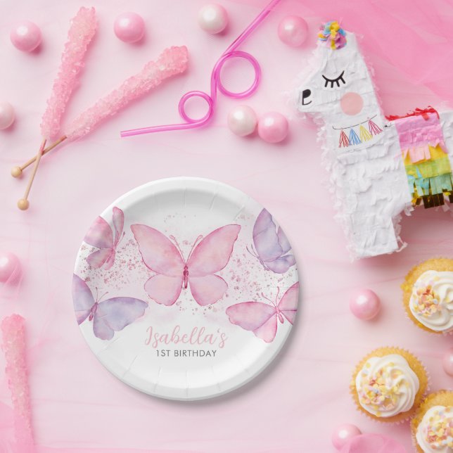 Assiettes En Carton Papillon rose violet 1er anniversaire Fille de fêt (Fête)