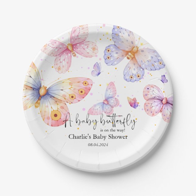 Assiettes En Carton Papillon rose violet Baby shower fille (Devant)