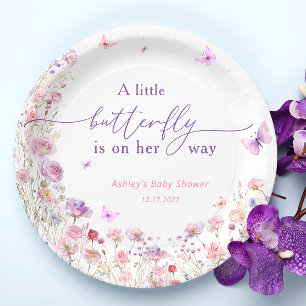 Assiettes En Carton Papillon rose violet Baby shower fleur sauvage
