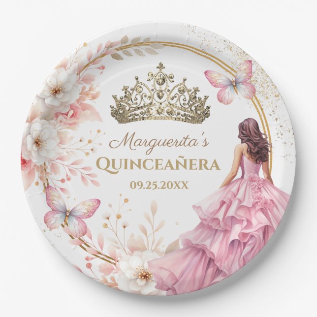 Assiettes En Carton Papillon Tiara en or rose rose pâle Quinceañera (Devant)