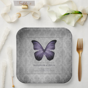 Assiettes En Carton Papillon Vintage violet Mariage damassé