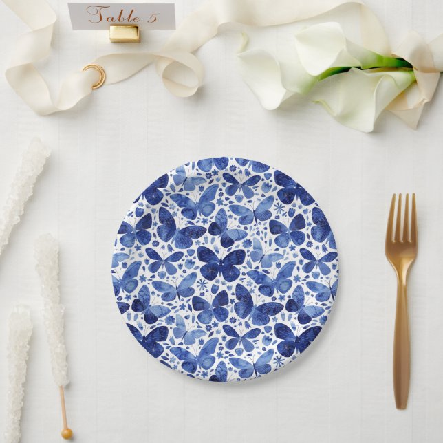Assiettes En Carton Papillons Aquarelle moderne bleu (Mariage)