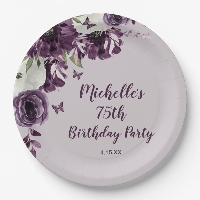 Assiettes En Carton Papillons aux fleurs blanches violettes 75e annive (Devant)