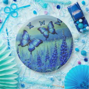 Assiettes En Carton Papillons bleus avec des fleurs bleues,