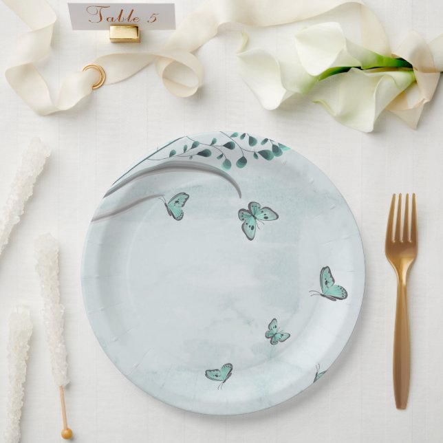 Assiettes En Carton Papillons bleus turquoises fleuris feuille (Mariage)