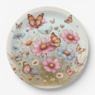 Assiettes En Carton Papillons bouillants sur Fleurs sur plaque ronde