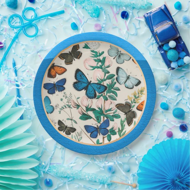 Assiettes En Carton Papillons, cadre bleu (Fête)