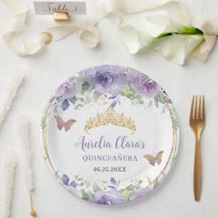 Assiettes En Carton Papillons de la Couronne de Quinceañera Floral Lil