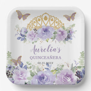Assiettes En Carton Papillons de la Couronne de Quinceañera Floral Lil