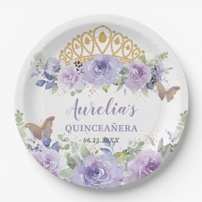 Assiettes En Carton Papillons de la Couronne de Quinceañera Floral Lil (Devant)