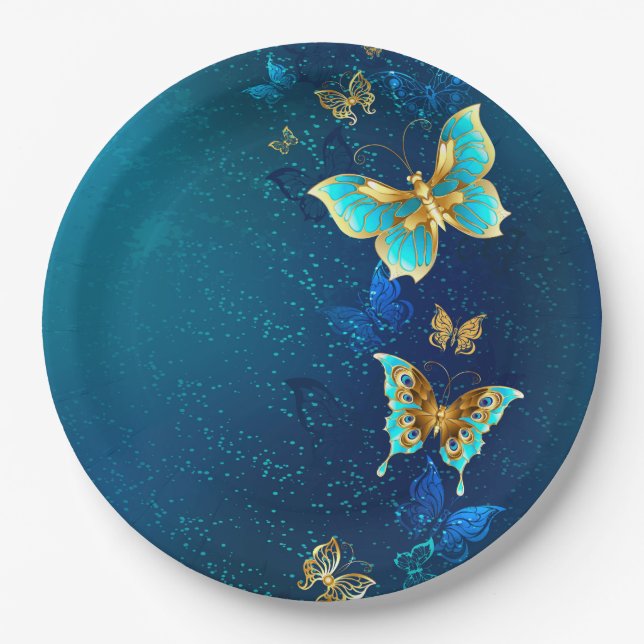 Assiettes En Carton Papillons d'or sur un Arrière - plan bleu (Devant)