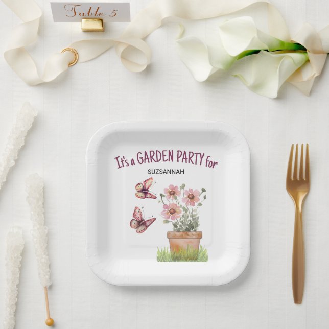Assiettes En Carton Papillons du jardin fleuri Posés Aquarelle (Mariage)