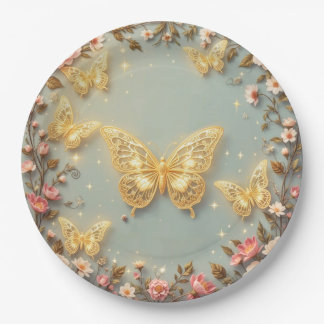 Assiettes En Carton Papillons en filigrane doré avec décor floral