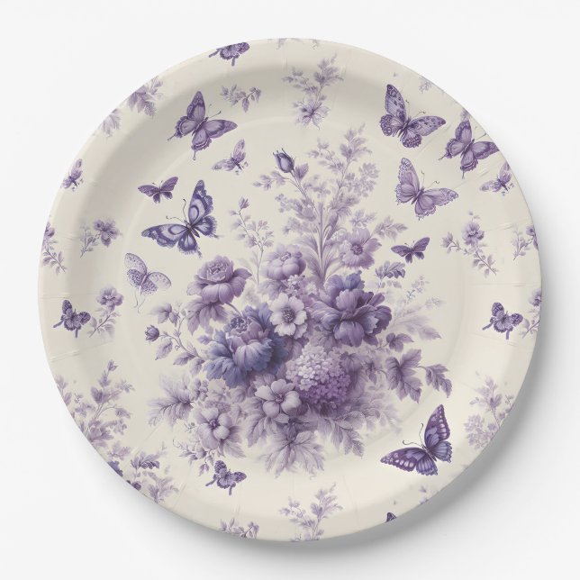 Assiettes En Carton Papillons Fleurie de Toile de France Violet (Devant)