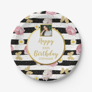 Assiettes En Carton Papillons Fleurs, Anniversaire, Texte Photo Person