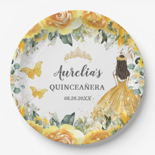 Assiettes En Carton Papillons floraux jaunes Princesse Quinceanera 