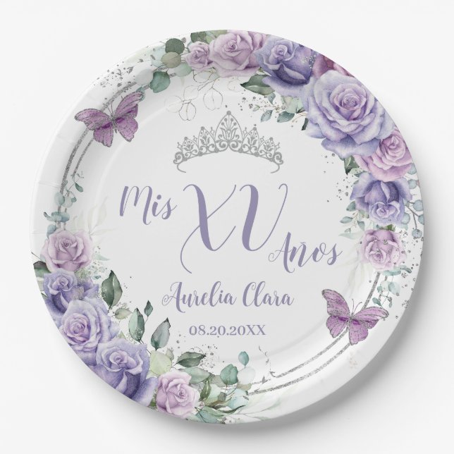 Assiettes En Carton Papillons floraux Lilac Chic violet Quinceañera (Devant)