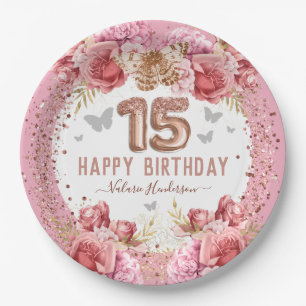 Assiettes En Carton Papillons floraux rose heureux 15e anniversaire