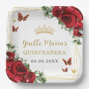 Assiettes En Carton Papillons floraux Roses rouges Quinceañera