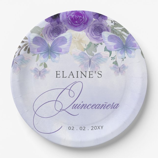 Assiettes En Carton Papillons Lilac Floral Russe Quinceanera (Devant)